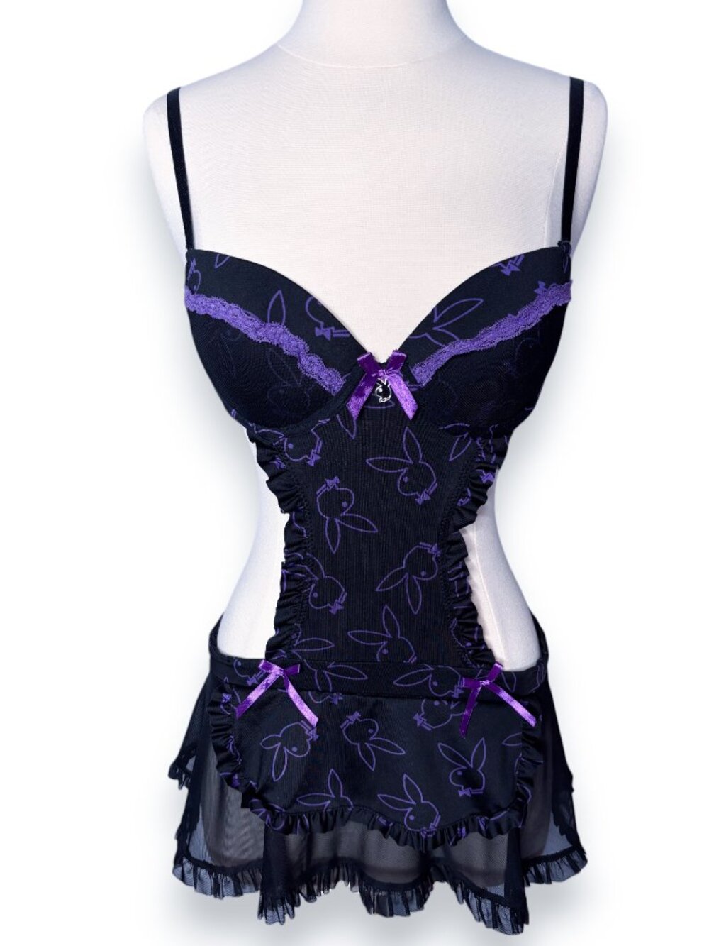 Playboy Black Purple French Maid Apron Bows Cut Out Push Up Lingerie Size Small